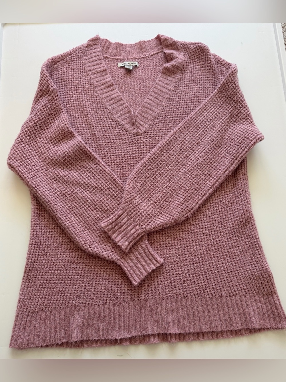 American Eagle Outfitters Oversized V-Neck Waffle Knit Sweater Dusty Rose XS - Picture 7 of 7